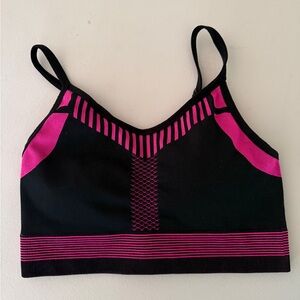 Black and Pink Sports Bra with Stretchy Fabric and Stripe Details